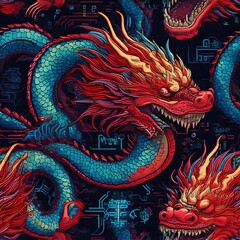 Naklejka premium Seamless Digital Chinese Dragon Pattern with Pixel Art and Tech Circuitry