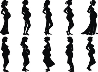 A set of pregnant lady silhouette vector illustration pregnant woman
