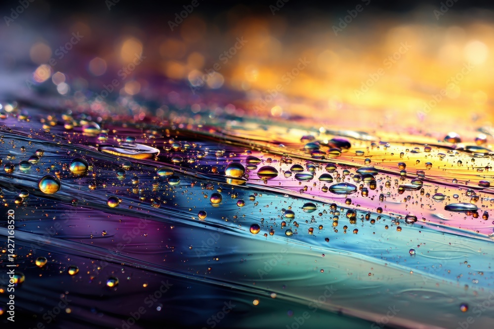 Poster Close-up View of Gasoline Surface Displaying Shimmering Light Spectrum and Colorful Reflections in a Macro Perspective