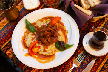 Traditional Turkish Hunkar Begendi, lamb stew served on mashed eggplant