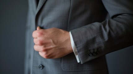 Men's suit jacket with buttoned sleeves.