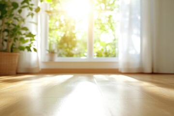 Sunlit room interior with hardwood floor and window view