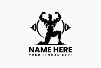 Flat minimalist gym logo vector with abstract muscular male silhouette, isolated fitness symbol for clean and modern club branding