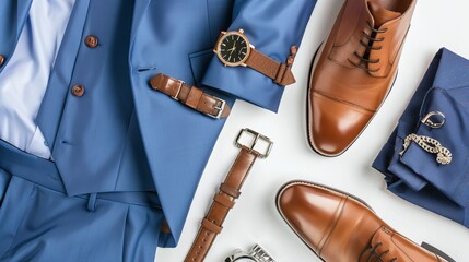 Stylish men's attire laid out on a white background. It includes a blue suit, brown shoes, a belt, watches, and a bracelet.