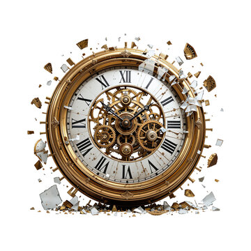 Vintage mechanical clock with gears and roman numerals exploding design isolated on transparent background