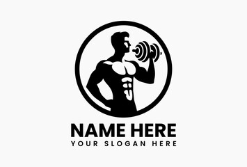 Male silhouette formed by negative space in dumbbell, clever minimalist gym emblem
