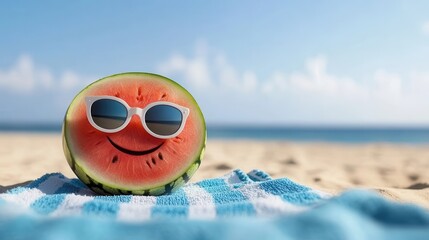 Obraz premium Cheerful watermelon with a drawn smile and white sunglasses sits on a towel at the sunny beach, enjoying summer vibes.