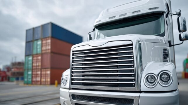 White semi-truck parked near shipping containers, ready for cargo transportation.