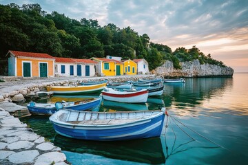 Naklejka premium Colorful Fishing Village at Dawn Idyllic Coastal Serenity.