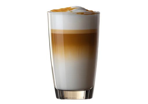 Layered Latte Macchiato in a Tall Clear Glass with Creamy Foam, Isolated on a Transparent Background