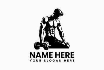 Male silhouette formed by negative space in dumbbell, clever minimalist gym emblem