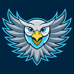 Obraz premium Majestic Owl Emblem: A striking owl emblem features stylized wings and sharp gaze, radiating an aura of wisdom, mystery, and strategic prowess against a deep, solid-color backdrop.