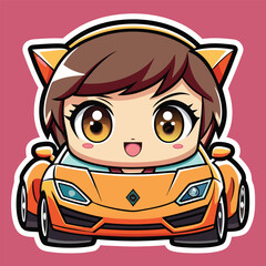 Cute anime girl driving an orange sports car