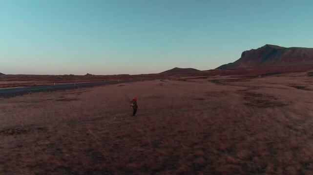 Man Walking Through Icelandic Nature, Drone Shoot
