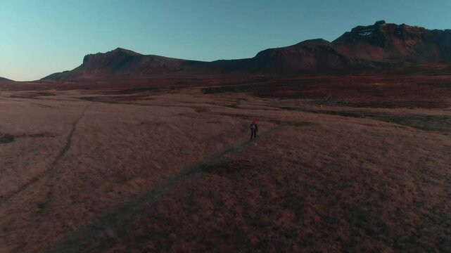 Man Walking Through Icelandic Nature, Drone Shoot