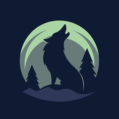 Wolf Howling at the Moon: A silhouette of a wolf howling at the moon, with a silhouette of pine trees in the background. The image has a dark blue background.