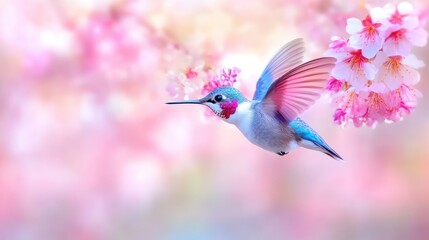 Naklejka premium Hummingbird in flight amidst delicate pink blossoms