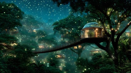 A futuristic treehouse village among glowing trees with magical blue-green lights. A wooden bridge connects houses, set under a starry night sky, evoking adventure, dreams, and nature's wonder.