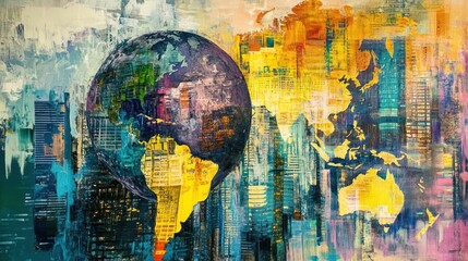 An abstract painting showing the world amidst urban cityscapes of the world
