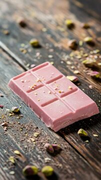 Pink ruby chocolate bar with pistachios and edible gold on rustic wooden background