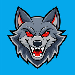 Intense Wolf: A fearsome wolf illustration on a solid blue background, showing a fierce expression and glowing red eyes, capturing a sense of raw power and primal instinct.