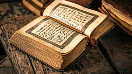 Obraz premium Two antique books sit open on a wooden table