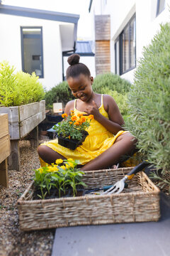 African American girl planting marigold seedlings on gravel path by house, holding black tray