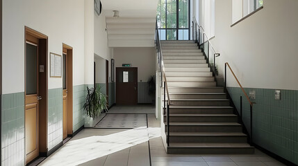 Empty Pale Beige Hallway With Staircase And Sunlight