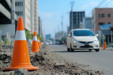 Traffic safety cones mark road construction zone in urban city scene