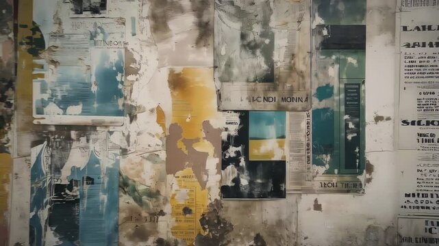 Old posters and advertisements create a textured collage on a weathered wall, capturing urban decay and remnants of past promotions
