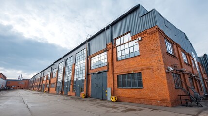 Exterior of large heavyduty factory building Industrial facility design in the manufacturing industry