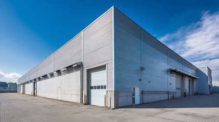 Factory warehouse with concrete and steel facade metal roof and roller door Blue sky background