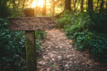 A weathered wooden signpost points the way down a sunlit forest path.