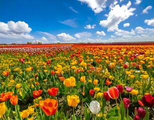 A beautiful field of colorful spring flowers under a vivid blue sky with white clouds. 