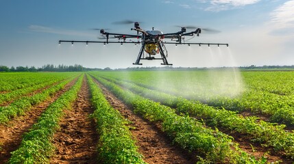 Industrial drone sprays field while flying over crops Farmer uses technology to boost productivity