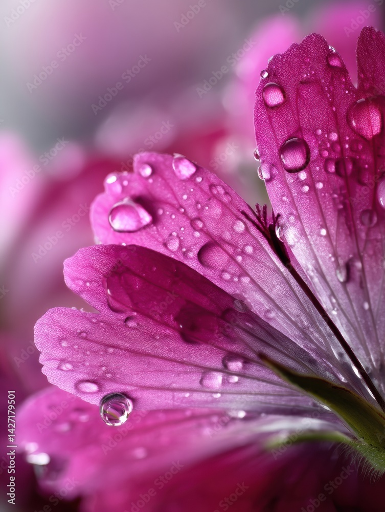 Aufkleber macro shot capturing intricate pink flower petals adorned with water droplets and soft shadows enhan