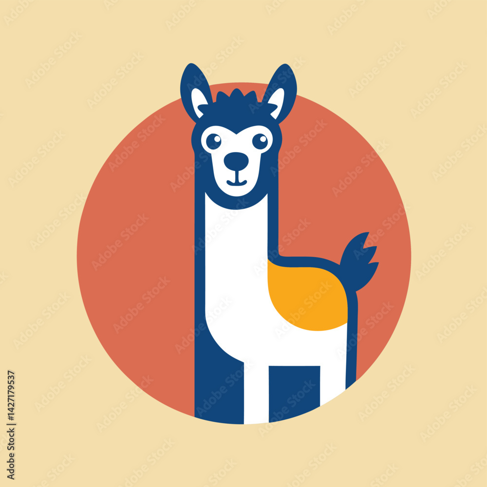 Poster cute llama logo design featuring a friendly face and a colorful circular background