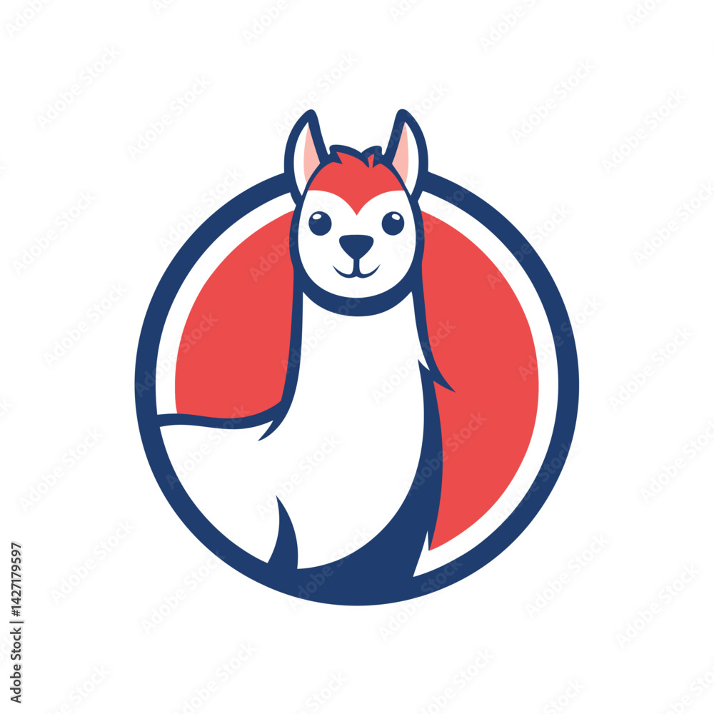 Poster cute llama logo design featuring a friendly face and a colorful circular background