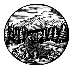 Detailed Black and White Engraving of a Howling Wolf in Nature