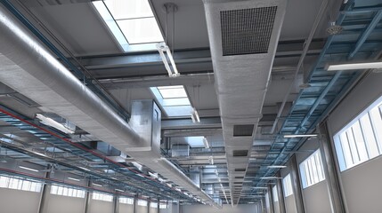 Steel ventilation ducts and mesh under roof 3D illustration of industrial HVAC piping and vents