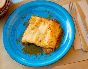 National meat dish of Italian cuisine is lasagna with veal meat sauce