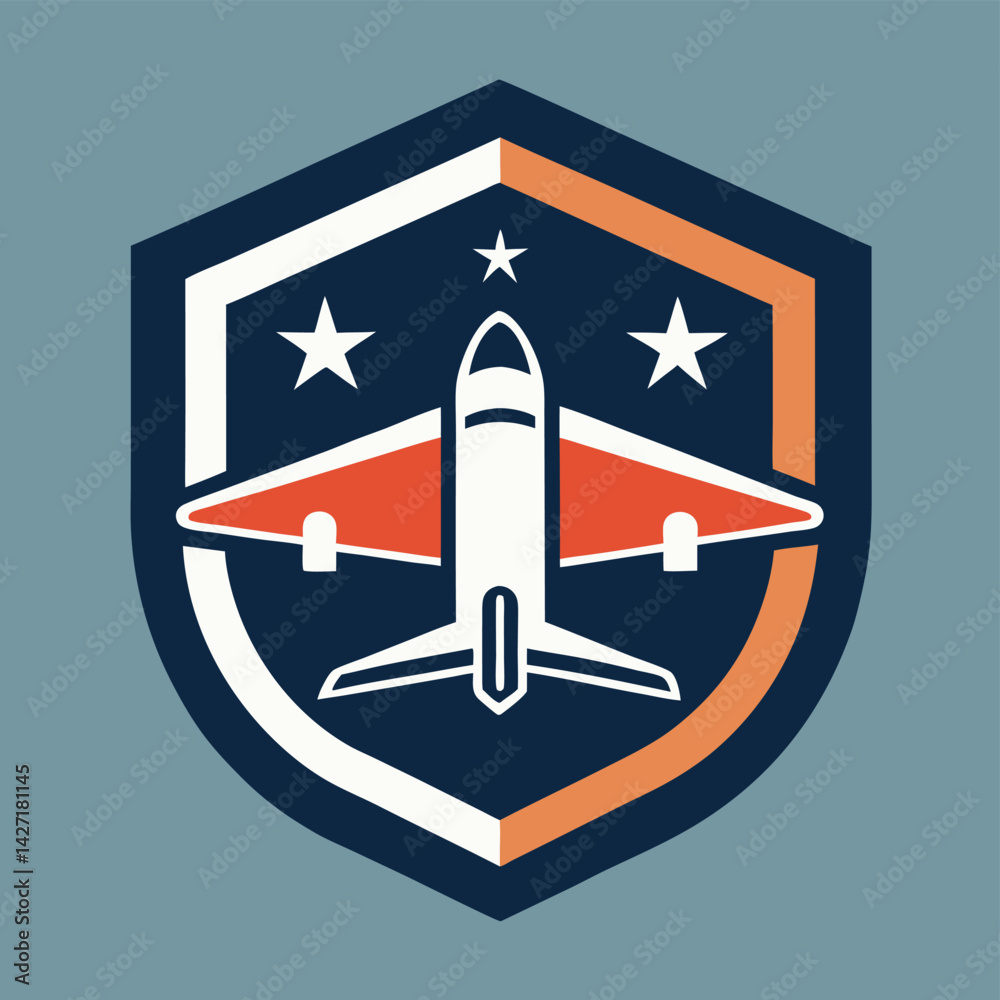 Aufkleber stylized logo featuring an airplane encapsulated within a protective shield design, representing avi