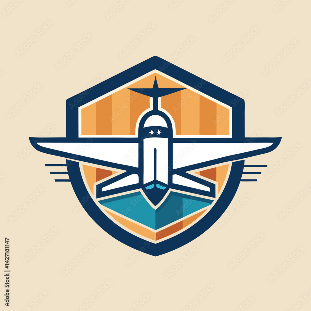 Aufkleber stylized logo featuring an airplane encapsulated within a protective shield design, representing avi