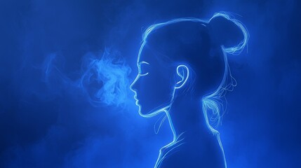 Delicate outline of a woman exhaling smoke in a blue atmosphere