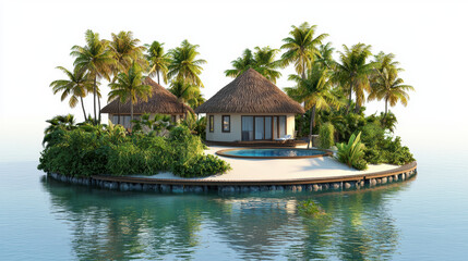 A serene tropical island features two charming bungalows with thatched roofs, lush palm trees, and inviting turquoise water, offe a tranquil escape for relaxation.