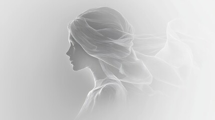 Elegant silhouette of a woman with flowing hair and gentle lines against a soft gray background during a serene moment