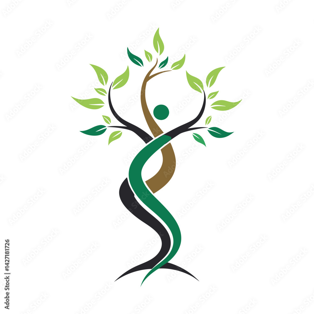 Poster vector illustration of an intertwined tree design featuring green leaves and a two-tone trunk reflec
