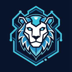 Stylized lion logo design featuring a fierce lion's head with blue accents and bold text representing a cyber theme