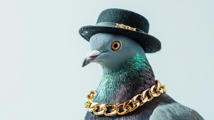 Pigeon dressed in a small black hat and gold chain against a plain background