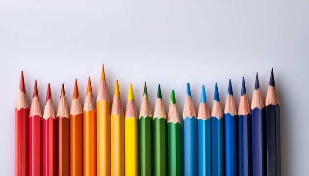a close up of colored pencils arranged in a row on a white background white background